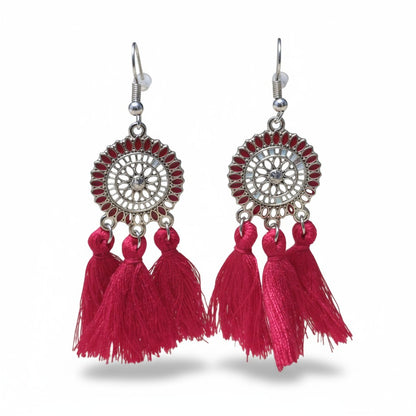 Festival oorhangers rood met kwastjes, boho stijl, 75x21mm, krachtige zomerse oorbellen met emaille