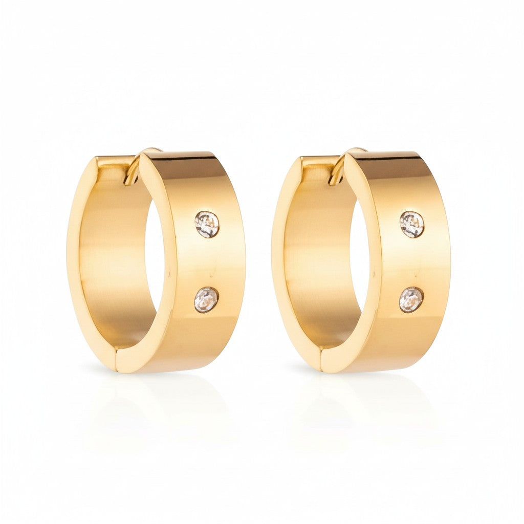 Hoop Earrings – Stainless Steel Gold Color with Double Zirconia (13mm or 20mm)