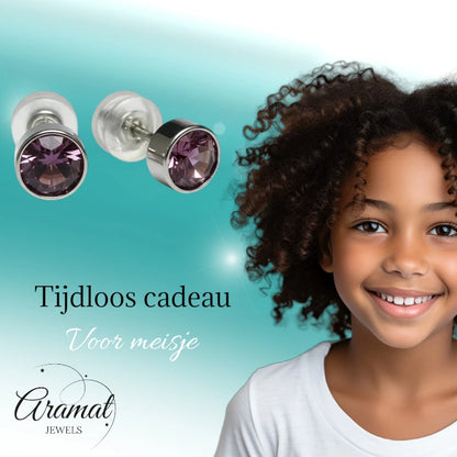 Boucles d'oreilles puces – Acier Cristal Violet clair Argent (5 mm) 