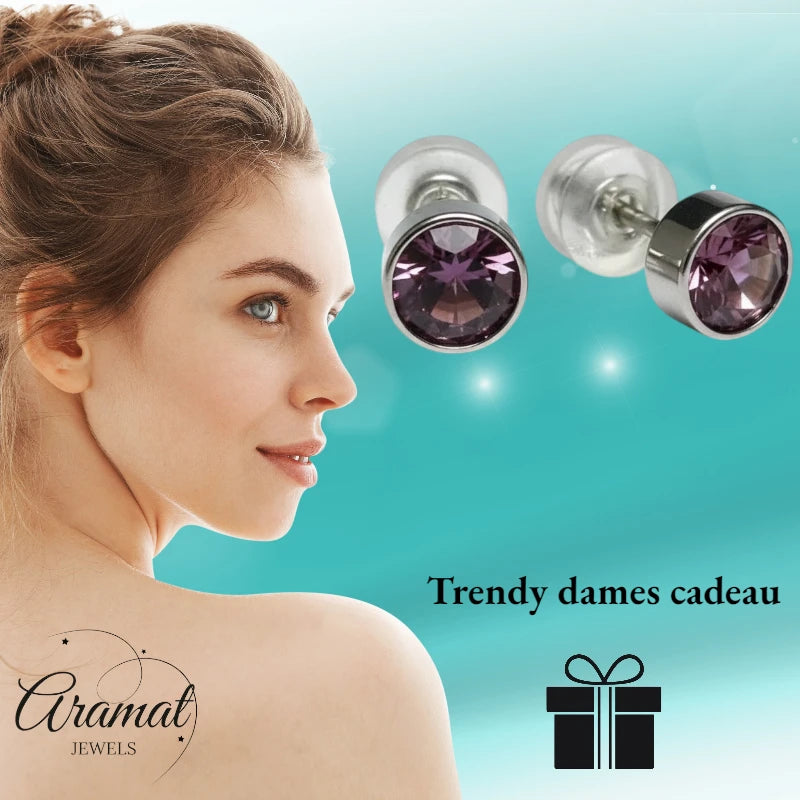 Boucles d'oreilles puces – Acier Cristal Violet clair Argent (5 mm) 
