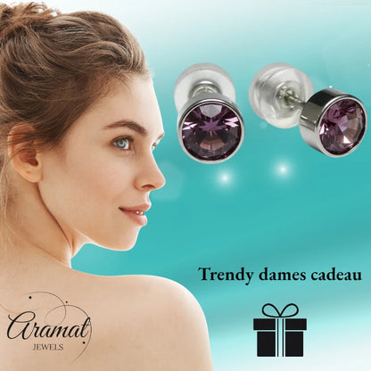 Boucles d'oreilles puces – Acier Cristal Violet clair Argent (5 mm) 