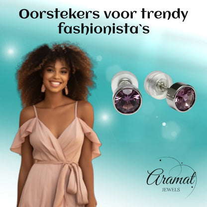 Boucles d'oreilles puces – Acier Cristal Violet clair Argent (5 mm) 