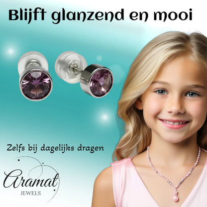 Boucles d'oreilles puces – Acier Cristal Violet clair Argent (5 mm) 