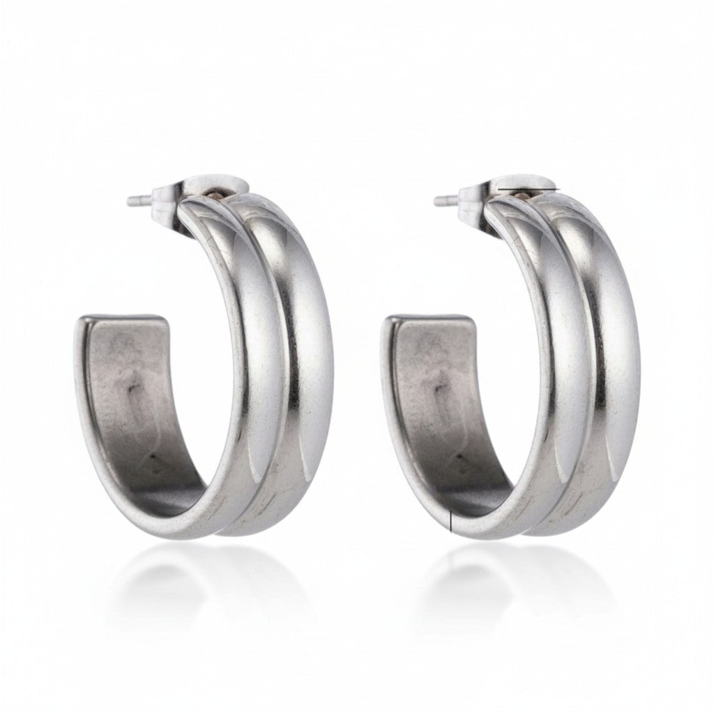 Earrings – 23mm Hoop Creole 2 Lines Stainless Steel Silver Color Unisex