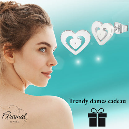 Stainless Steel Heart Stud Earrings Silver 11x9mm Openwork