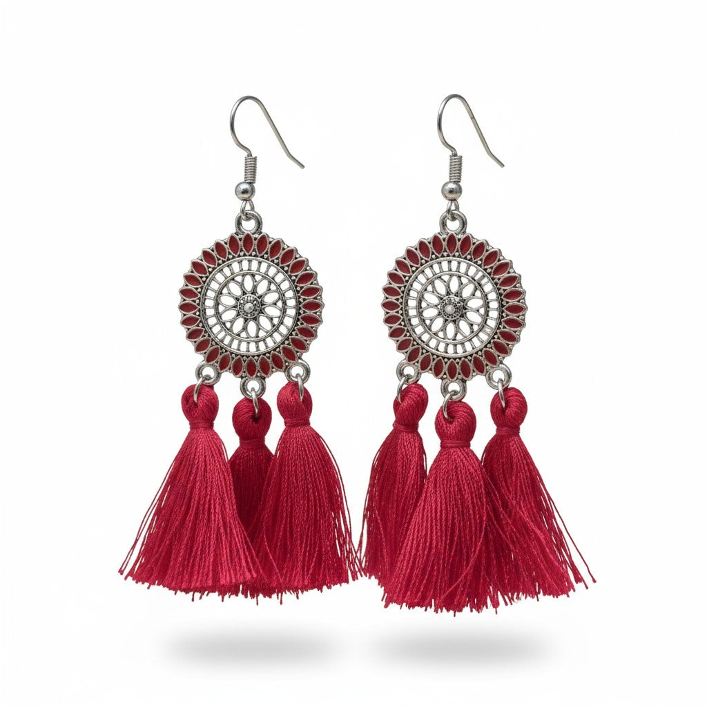 Boucles d'oreilles bohèmes d'été à pompons rouges 75 mm