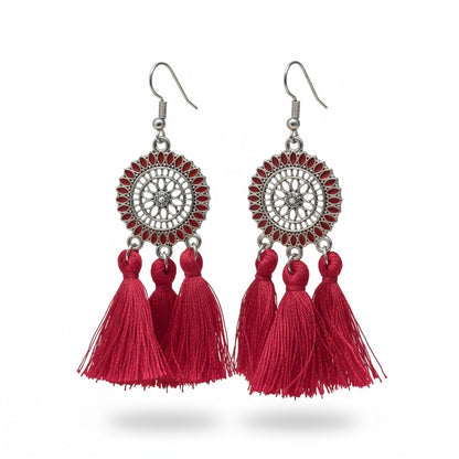 Boucles d'oreilles bohèmes d'été à pompons rouges 75 mm