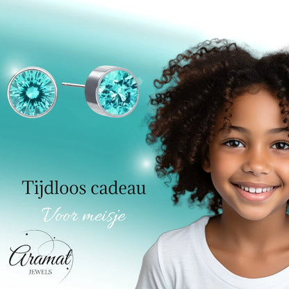 Boucles d'oreilles puces – Acier Cristal Bleu Aqua Argent (6 mm) 