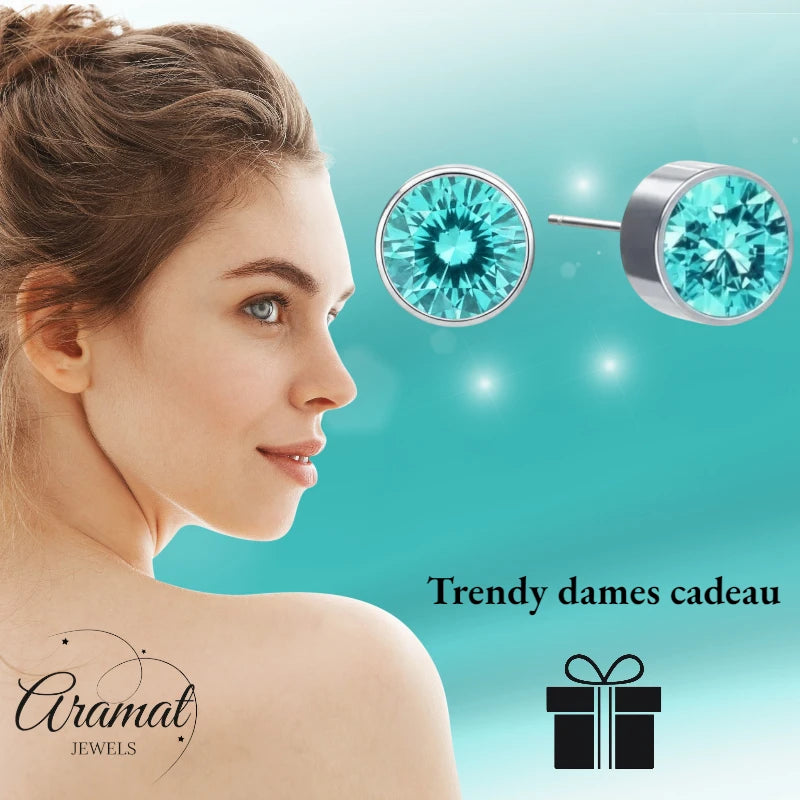 Boucles d'oreilles puces – Acier Cristal Bleu Aqua Argent (6 mm) 