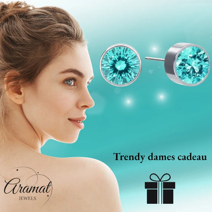 Boucles d'oreilles puces – Acier Cristal Bleu Aqua Argent (6 mm) 