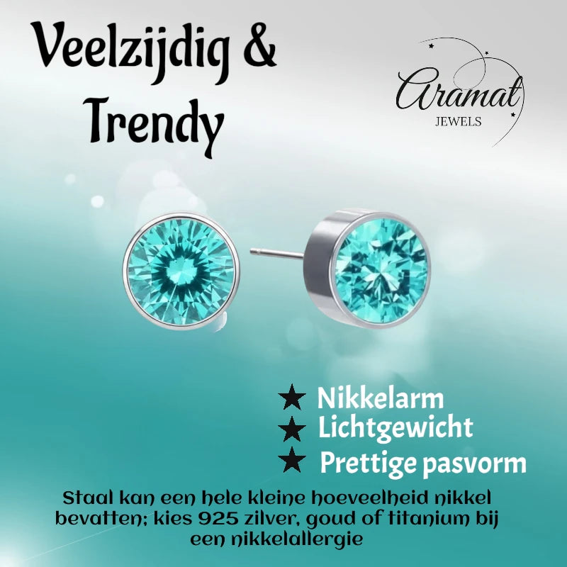 Boucles d'oreilles puces – Acier Cristal Bleu Aqua Argent (6 mm) 