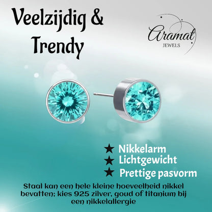 Boucles d'oreilles puces – Acier Cristal Bleu Aqua Argent (6 mm) 