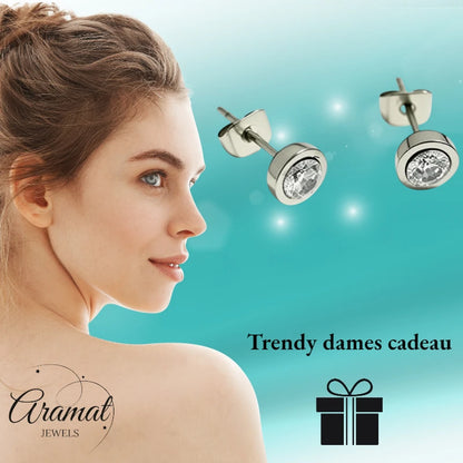 Boucles d'oreilles puces – Acier et zircone couleur argent transparent (6 mm)