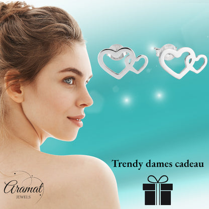 Steel Double Heart Stud Earrings Silver 12x8mm Stainless Steel