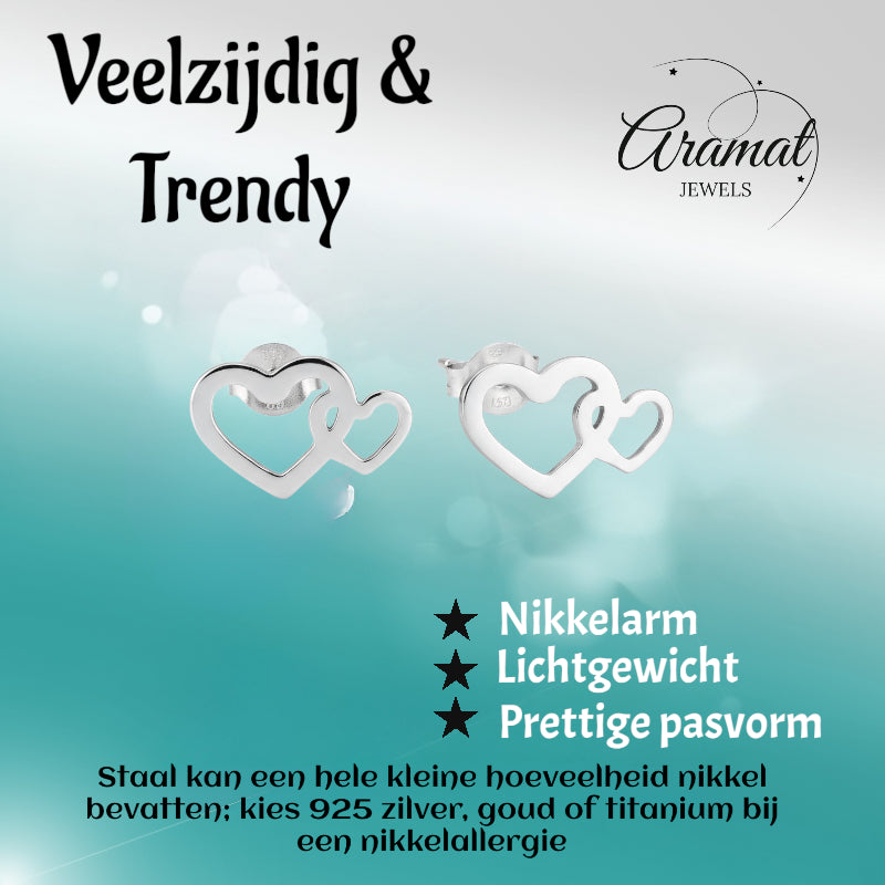 Steel Double Heart Stud Earrings Silver 12x8mm Stainless Steel