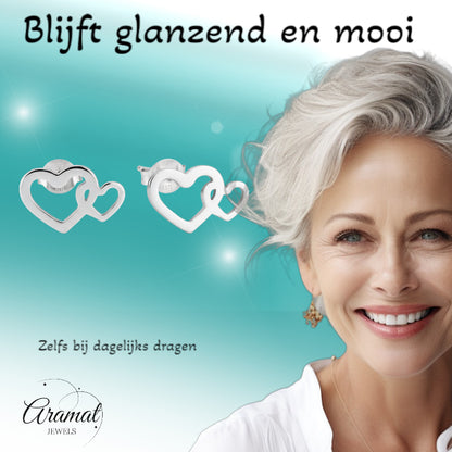 Steel Double Heart Stud Earrings Silver 12x8mm Stainless Steel