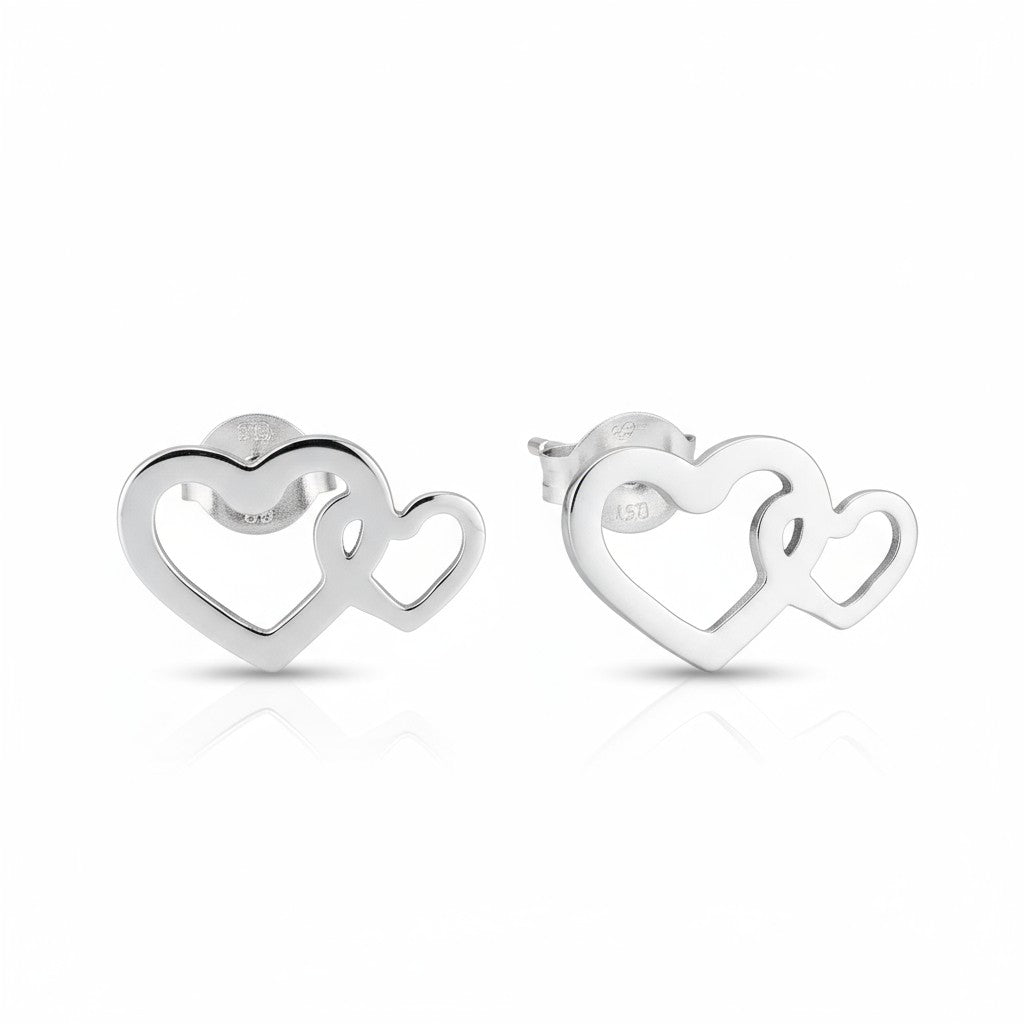 Steel Double Heart Stud Earrings Silver 12x8mm Stainless Steel