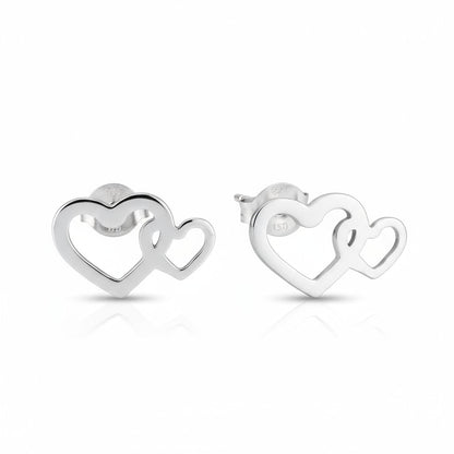 Steel Double Heart Stud Earrings Silver 12x8mm Stainless Steel