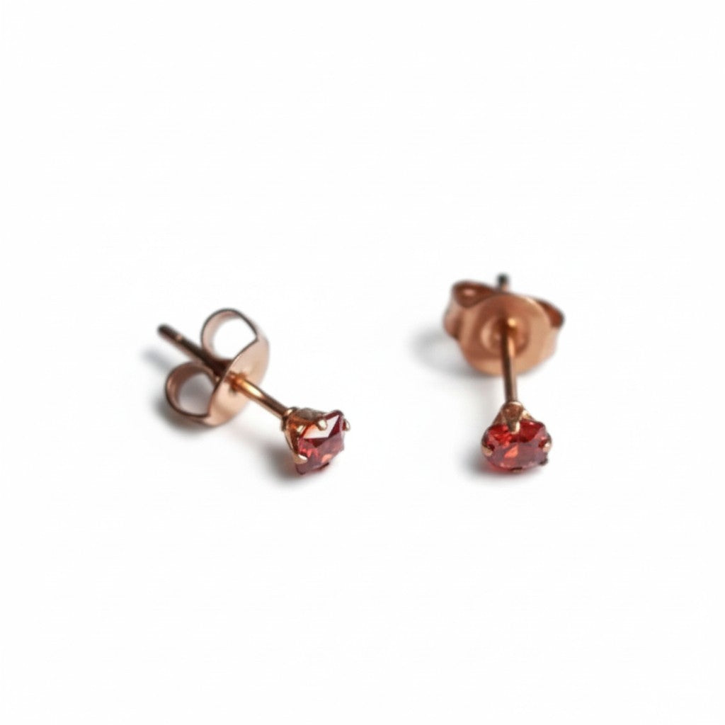 Earrings – Stainless Steel Rose Gold Color with Red Square Zirconia (3mm) 