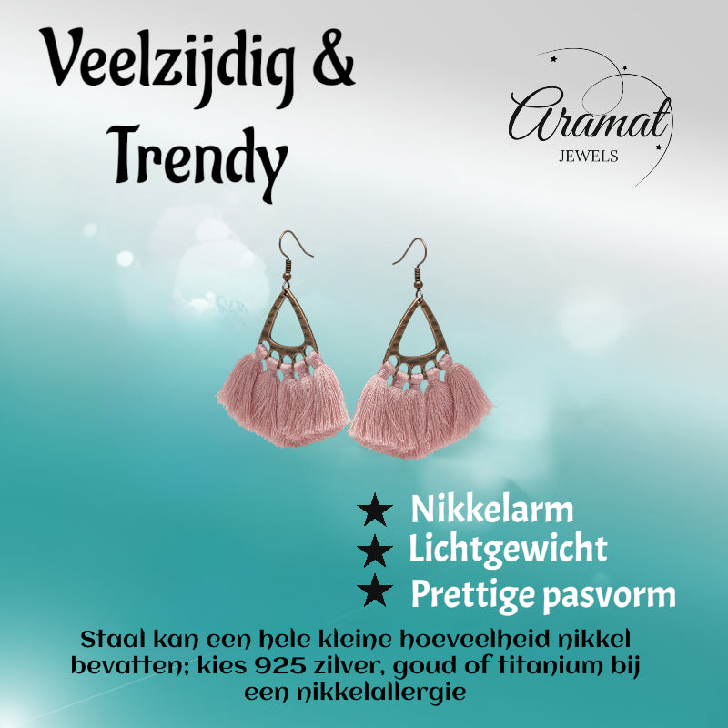 Boucles d'oreilles bohèmes à pompons roses 55x30mm