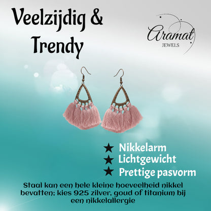 Boucles d'oreilles bohèmes à pompons roses 55x30mm