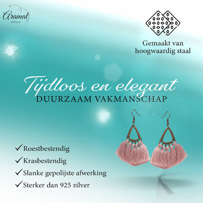 Boucles d'oreilles bohèmes à pompons roses 55x30mm