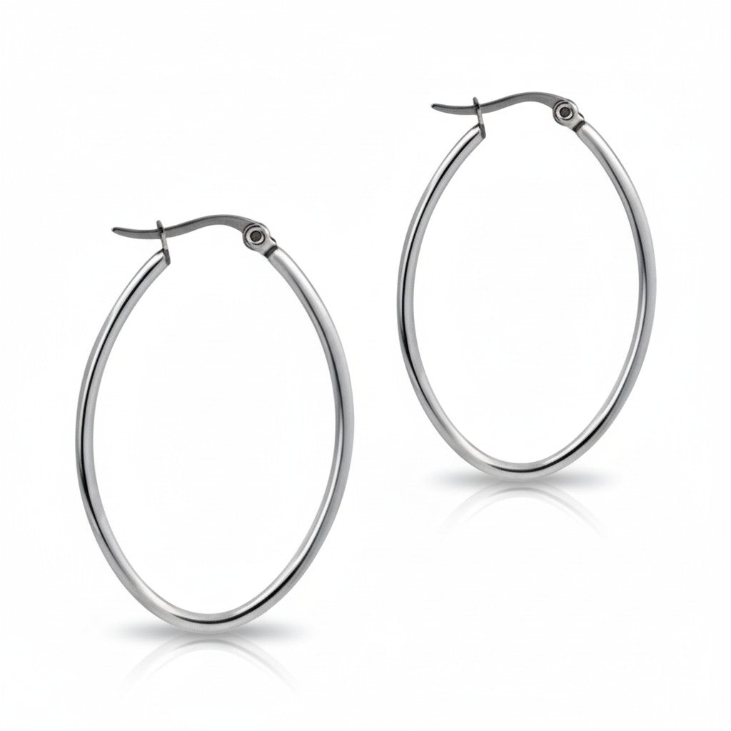 Boucles d'oreilles – Créoles ovales en acier inoxydable couleur argent (Tailles variées)