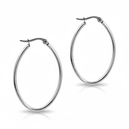 Boucles d'oreilles – Créoles ovales en acier inoxydable couleur argent (Tailles variées)