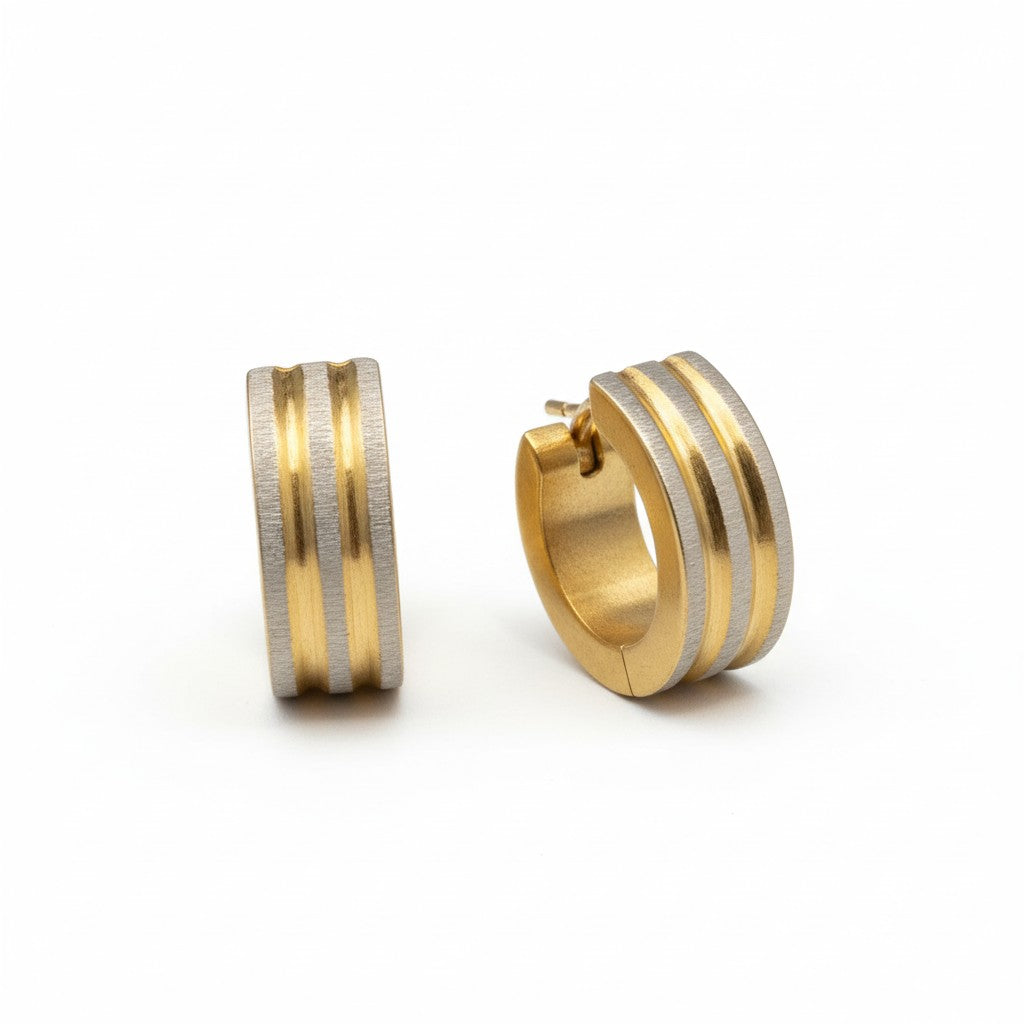 Earrings – Matte Bicolor Stainless Steel Three Stripes Silver/Gold (13x4mm)