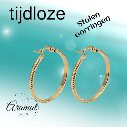 Boucles d'oreilles – 25 mm, motif à pois créoles, acier inoxydable, couleur or, pour femme 