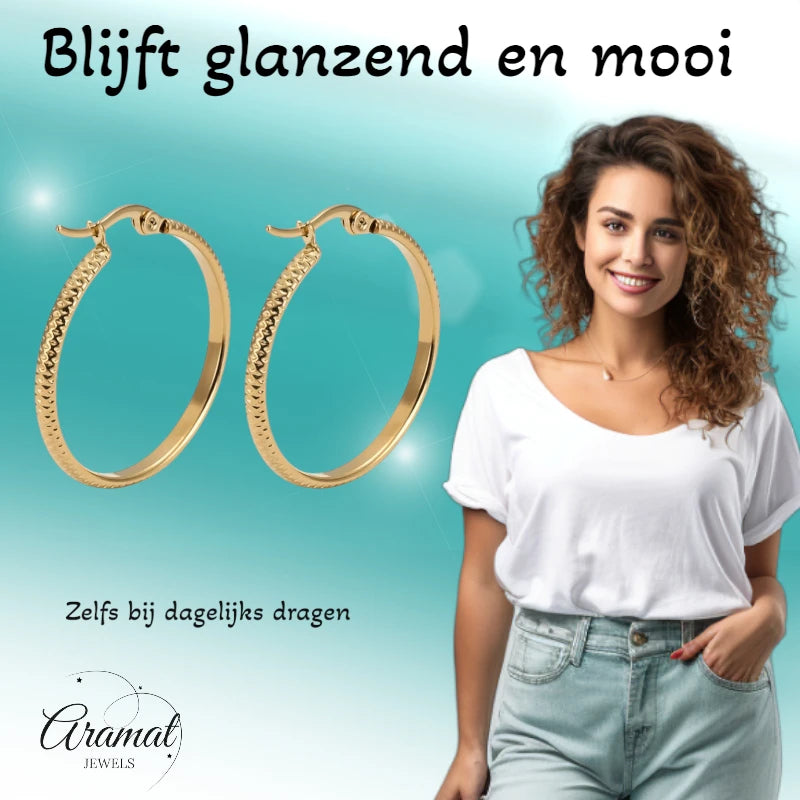 Boucles d'oreilles – 25 mm, motif à pois créoles, acier inoxydable, couleur or, pour femme 