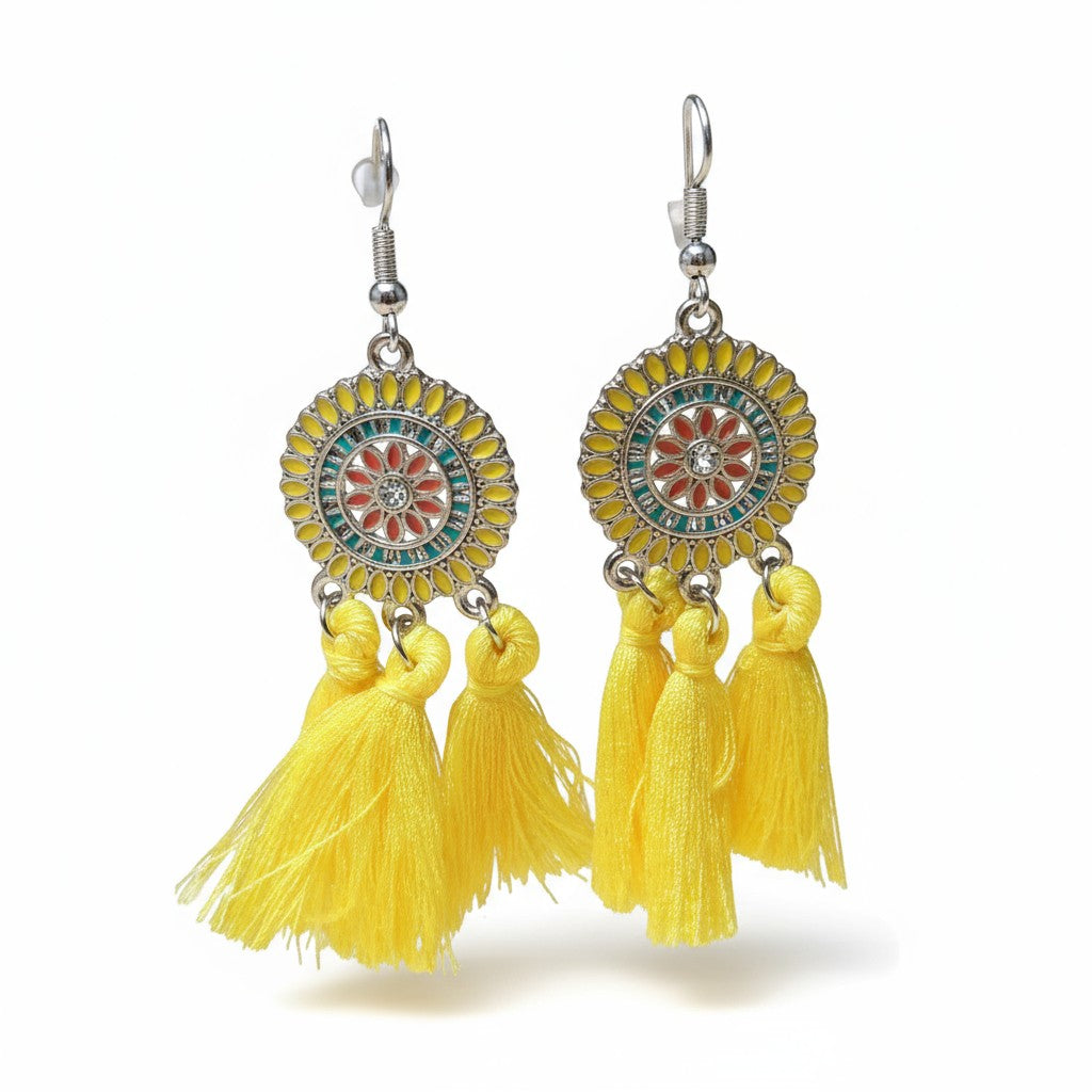Boucles d'oreilles bohèmes d'été à pompons jaunes 75 mm