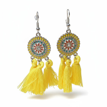 Boucles d'oreilles bohèmes d'été à pompons jaunes 75 mm