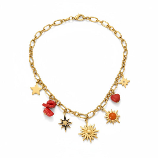 Gold-colored charm necklace with sun, heart &amp; natural stone