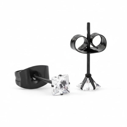 Earrings – Stainless Steel Black Color with Square Zirconia (3mm)