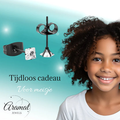 Earrings – Stainless Steel Black Color with Square Zirconia (3mm)