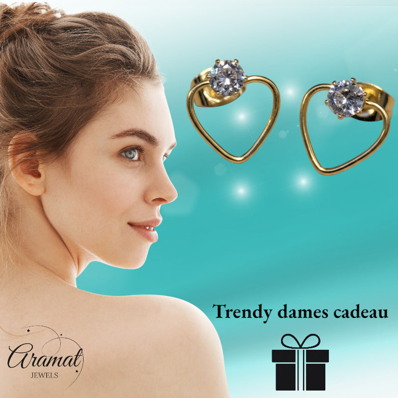 Goudkleurige open hart oorbellen 10mm staal met zirkonia steen, lichtgewicht oorstekers cadeau voor vrouwen en meisjes