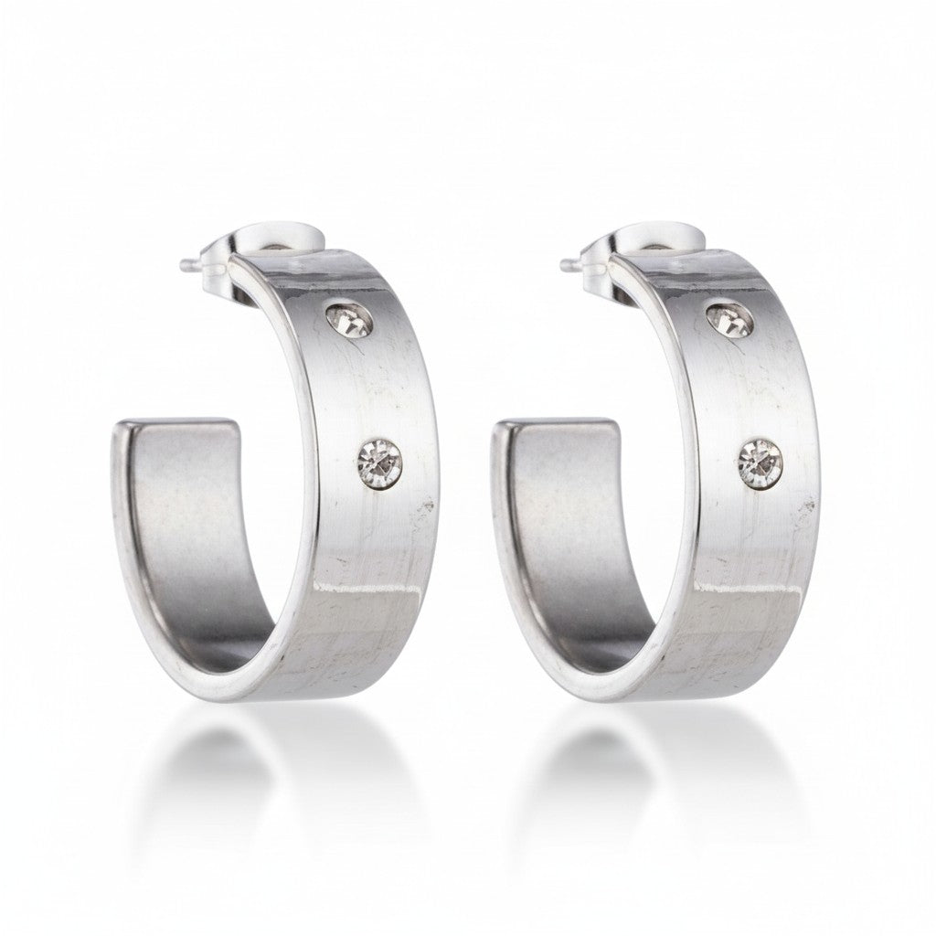 Earrings – 23mm Hoop Creole 2 Zirconia Stainless Steel Silver Color Unisex 