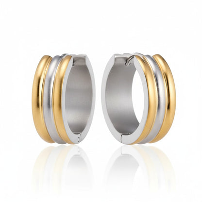 Boucles d'oreilles créoles pliables – Acier inoxydable bicolore à rayures dorées et argentées (13 mm)