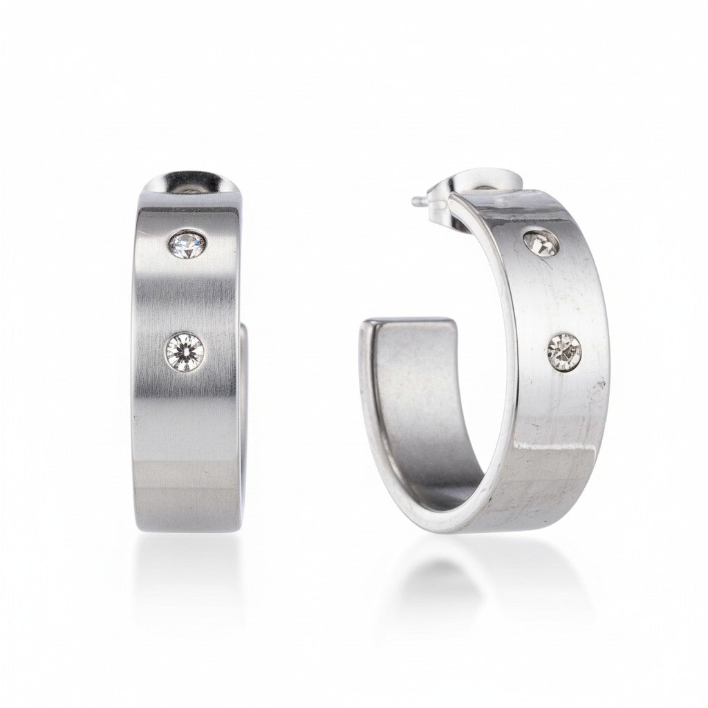 Earrings – 23mm Hoop Creole 2 Zirconia Stainless Steel Silver Color Unisex 