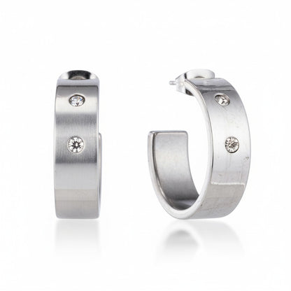 Earrings – 23mm Hoop Creole 2 Zirconia Stainless Steel Silver Color Unisex 