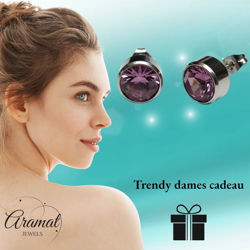 Stud Earrings – Steel Crystal Light Purple Silver Color (10mm) 