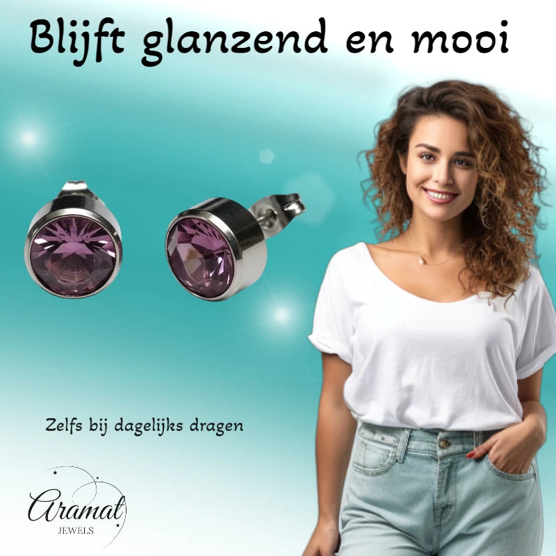 Stud Earrings – Steel Crystal Light Purple Silver Color (10mm) 