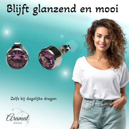 Stud Earrings – Steel Crystal Light Purple Silver Color (10mm) 