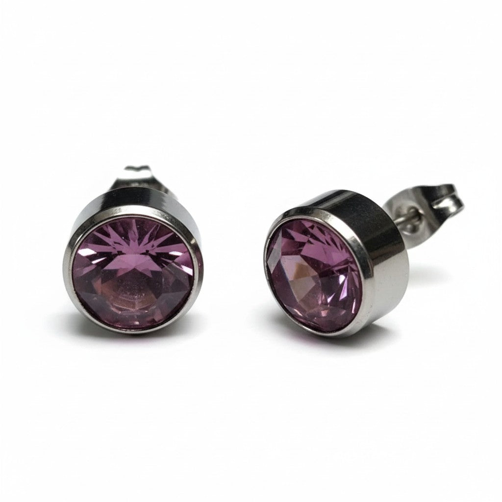 Stud Earrings – Steel Crystal Light Purple Silver Color (10mm) 