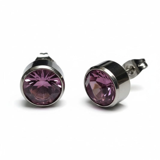 Boucles d'oreilles puces – Acier Cristal Violet clair Argent (10 mm) 