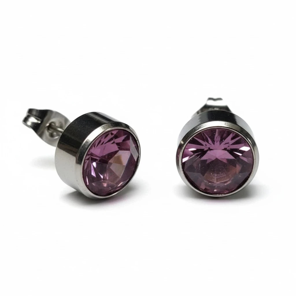 Stud Earrings – Steel Crystal Light Purple Silver Color (10mm) 