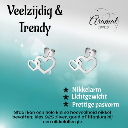 Boucles d'oreilles puces double cœur en acier inoxydable argenté 12x8mm