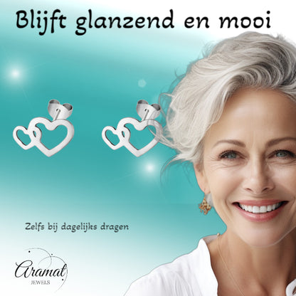 Boucles d'oreilles puces double cœur en acier inoxydable argenté 12x8mm