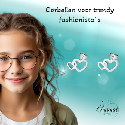 Boucles d'oreilles puces double cœur en acier inoxydable argenté 12x8mm